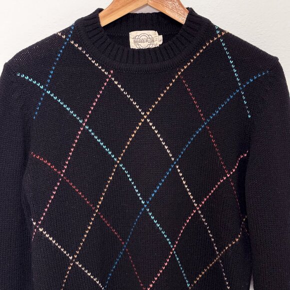 Vintage Brass Plum Black Diamond Knit Shetland Wool Crew Neck Sweater Size Large - Picture 5 of 13